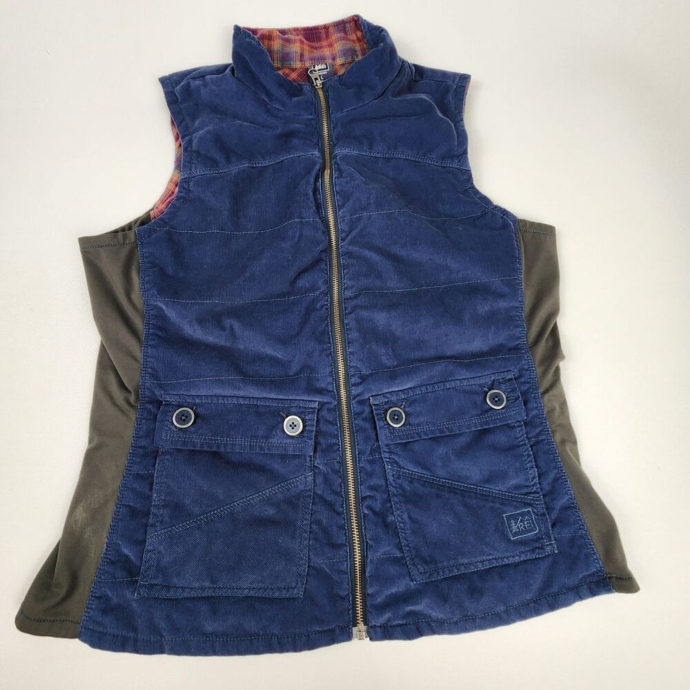 REI Women's Utility Vest Large Blue Plaid Lined Full Zip Outdoor Hiking Camping